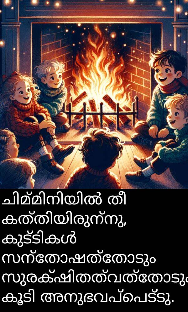സന്തോഷത്തോടും: ചിമ്മിനിയിൽ തീ കത്തിയിരുന്നു, കുട്ടികൾ സന്തോഷത്തോടും സുരക്ഷിതത്വത്തോടും കൂടി അനുഭവപ്പെട്ടു.