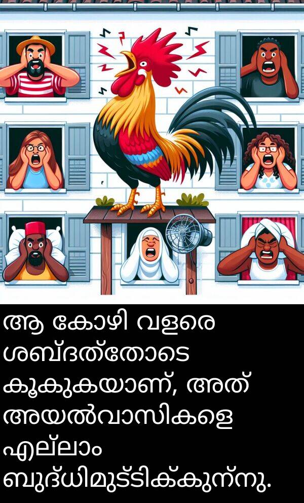 ശബ്ദത്തോടെ: ആ കോഴി വളരെ ശബ്ദത്തോടെ കൂകുകയാണ്, അത് അയൽവാസികളെ എല്ലാം ബുദ്ധിമുട്ടിക്കുന്നു.