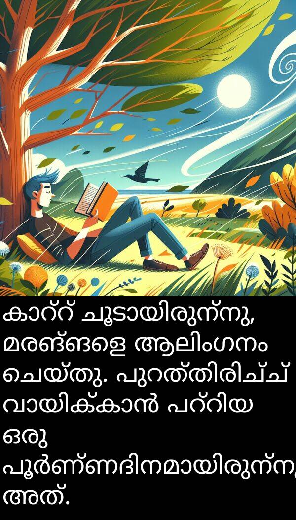 മരങ്ങളെ: കാറ്റ് ചൂടായിരുന്നു, മരങ്ങളെ ആലിംഗനം ചെയ്തു. പുറത്തിരിച്ച് വായിക്കാൻ പറ്റിയ ഒരു പൂർണ്ണദിനമായിരുന്നു അത്.