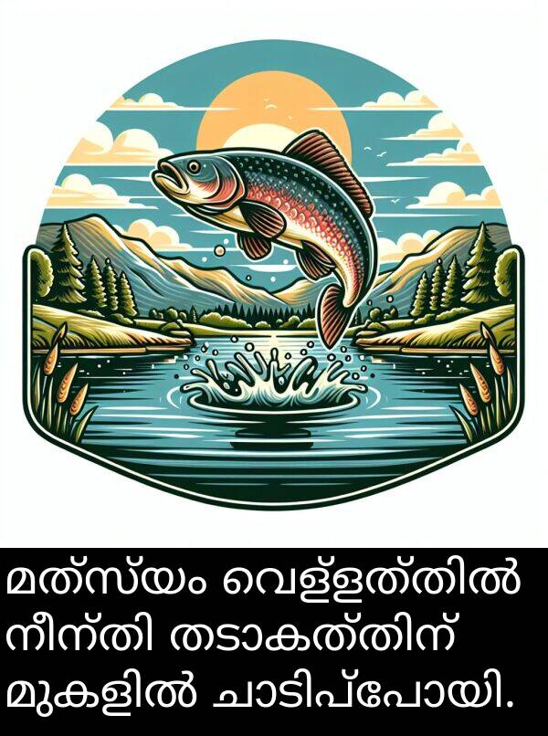 മത്സ്യം: മത്സ്യം വെള്ളത്തിൽ നീന്തി തടാകത്തിന് മുകളിൽ ചാടിപ്പോയി.