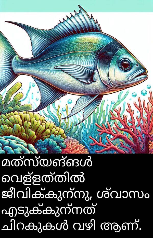 എടുക്കുന്നത്: മത്സ്യങ്ങൾ വെള്ളത്തിൽ ജീവിക്കുന്നു, ശ്വാസം എടുക്കുന്നത് ചിറകുകൾ വഴി ആണ്.