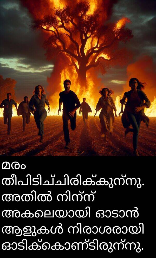 മരം: മരം തീപിടിച്ചിരിക്കുന്നു. അതിൽ നിന്ന് അകലെയായി ഓടാൻ ആളുകൾ നിരാശരായി ഓടിക്കൊണ്ടിരുന്നു.