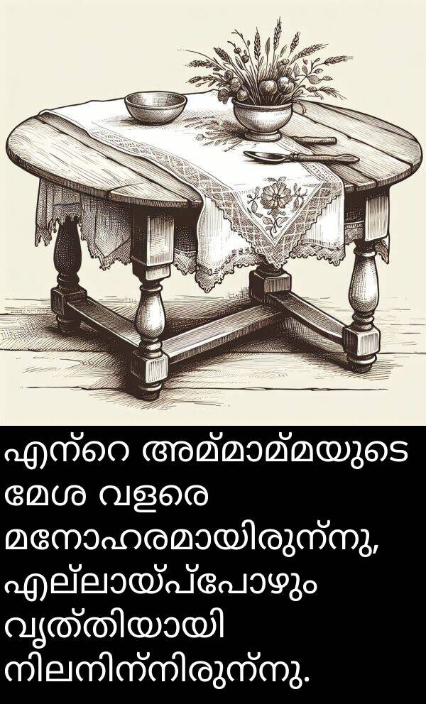 മേശ: എന്റെ അമ്മാമ്മയുടെ മേശ വളരെ മനോഹരമായിരുന്നു, എല്ലായ്പ്പോഴും വൃത്തിയായി നിലനിന്നിരുന്നു.