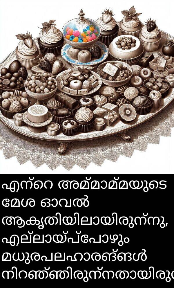 മേശ: എന്റെ അമ്മാമ്മയുടെ മേശ ഓവൽ ആകൃതിയിലായിരുന്നു, എല്ലായ്പ്പോഴും മധുരപലഹാരങ്ങൾ നിറഞ്ഞിരുന്നതായിരുന്നു.