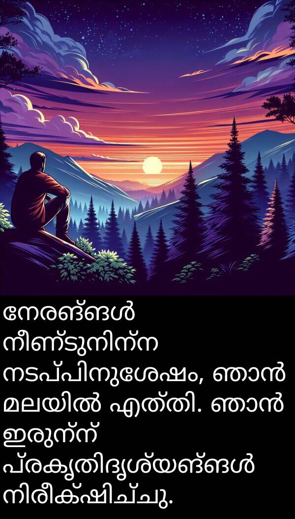 ഇരുന്ന്: നേരങ്ങൾ നീണ്ടുനിന്ന നടപ്പിനുശേഷം, ഞാൻ മലയിൽ എത്തി. ഞാൻ ഇരുന്ന് പ്രകൃതിദൃശ്യങ്ങൾ നിരീക്ഷിച്ചു.