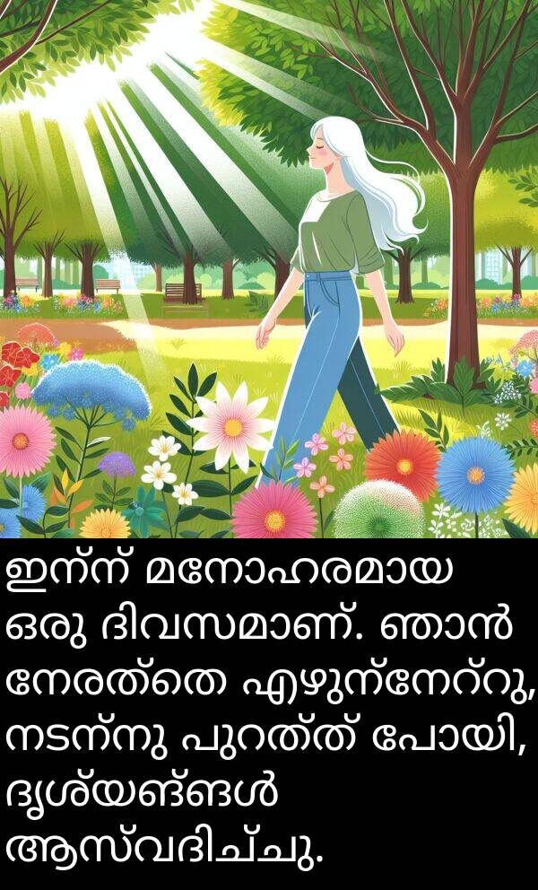 നടന്നു: ഇന്ന് മനോഹരമായ ഒരു ദിവസമാണ്. ഞാൻ നേരത്തെ എഴുന്നേറ്റു, നടന്നു പുറത്ത് പോയി, ദൃശ്യങ്ങൾ ആസ്വദിച്ചു.