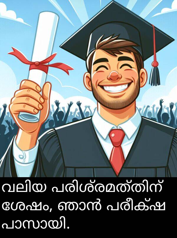 പരീക്ഷ: വലിയ പരിശ്രമത്തിന് ശേഷം, ഞാൻ പരീക്ഷ പാസായി.