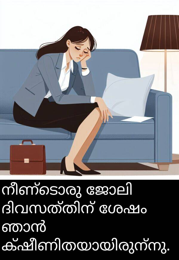നീണ്ടൊരു: നീണ്ടൊരു ജോലി ദിവസത്തിന് ശേഷം ഞാൻ ക്ഷീണിതയായിരുന്നു.