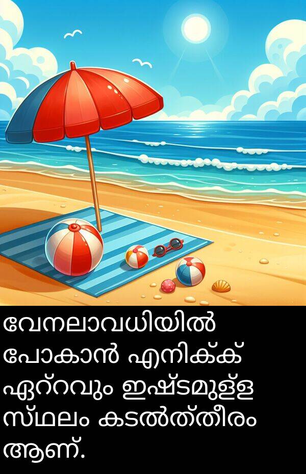 ആണ്: വേനലാവധിയിൽ പോകാൻ എനിക്ക് ഏറ്റവും ഇഷ്ടമുള്ള സ്ഥലം കടൽത്തീരം ആണ്.