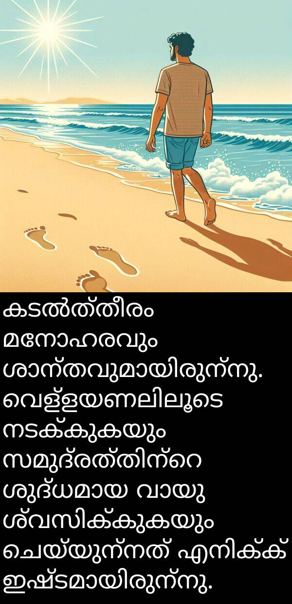 നടക്കുകയും: കടൽത്തീരം മനോഹരവും ശാന്തവുമായിരുന്നു. വെള്ളയണലിലൂടെ നടക്കുകയും സമുദ്രത്തിന്റെ ശുദ്ധമായ വായു ശ്വസിക്കുകയും ചെയ്യുന്നത് എനിക്ക് ഇഷ്ടമായിരുന്നു.