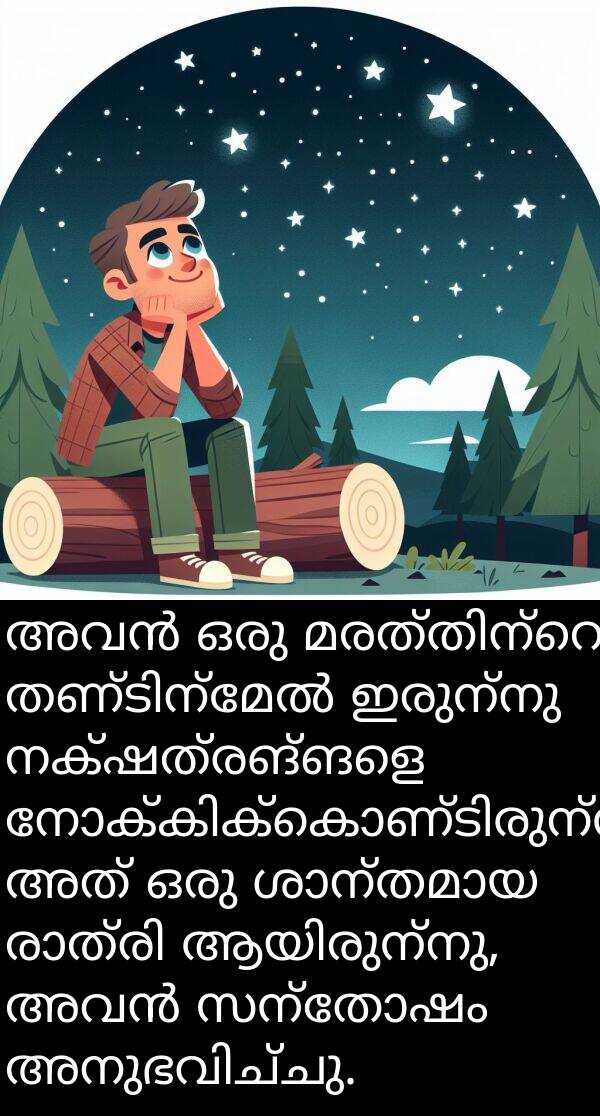 നക്ഷത്രങ്ങളെ: അവൻ ഒരു മരത്തിന്റെ തണ്ടിന്മേൽ ഇരുന്നു നക്ഷത്രങ്ങളെ നോക്കിക്കൊണ്ടിരുന്നു. അത് ഒരു ശാന്തമായ രാത്രി ആയിരുന്നു, അവൻ സന്തോഷം അനുഭവിച്ചു.