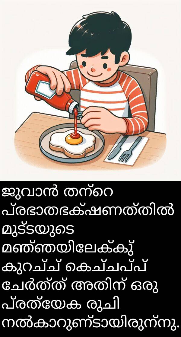 പ്രത്യേക: ജുവാൻ തന്റെ പ്രഭാതഭക്ഷണത്തിൽ മുട്ടയുടെ മഞ്ഞയിലേക്കു് കുറച്ച് കെച്ചപ്പ് ചേർത്ത് അതിന് ഒരു പ്രത്യേക രുചി നൽകാറുണ്ടായിരുന്നു.