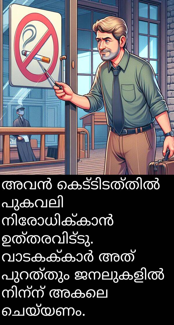 ചെയ്യണം: അവൻ കെട്ടിടത്തിൽ പുകവലി നിരോധിക്കാൻ ഉത്തരവിട്ടു. വാടകക്കാർ അത് പുറത്തും ജനലുകളിൽ നിന്ന് അകലെ ചെയ്യണം.