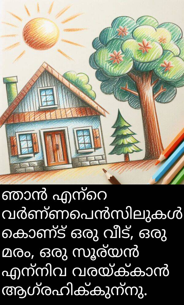 വീട്: ഞാൻ എന്റെ വർണ്ണപെൻസിലുകൾ കൊണ്ട് ഒരു വീട്, ഒരു മരം, ഒരു സൂര്യൻ എന്നിവ വരയ്ക്കാൻ ആഗ്രഹിക്കുന്നു.