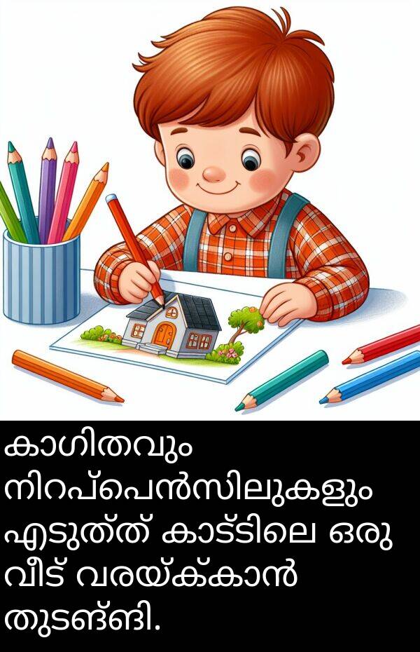 വീട്: കാഗിതവും നിറപ്പെൻസിലുകളും എടുത്ത് കാട്ടിലെ ഒരു വീട് വരയ്ക്കാൻ തുടങ്ങി.