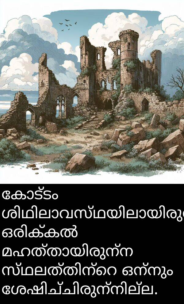 ഒന്നും: കോട്ടം ശിഥിലാവസ്ഥയിലായിരുന്നു. ഒരിക്കൽ മഹത്തായിരുന്ന സ്ഥലത്തിന്റെ ഒന്നും ശേഷിച്ചിരുന്നില്ല.