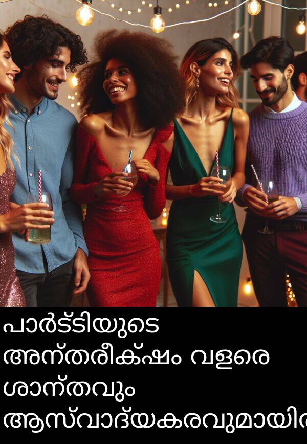 അന്തരീക്ഷം: പാർട്ടിയുടെ അന്തരീക്ഷം വളരെ ശാന്തവും ആസ്വാദ്യകരവുമായിരുന്നു.