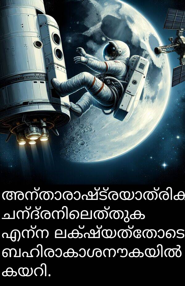 എന്ന: അന്താരാഷ്ട്രയാത്രികൻ ചന്ദ്രനിലെത്തുക എന്ന ലക്ഷ്യത്തോടെ ബഹിരാകാശനൗകയിൽ കയറി.