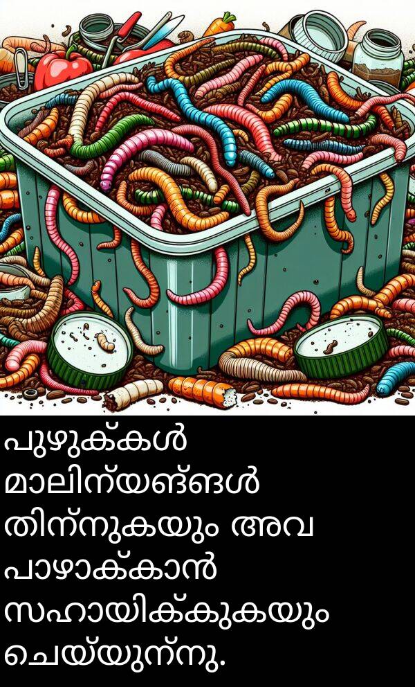 ചെയ്യുന്നു: പുഴുക്കൾ മാലിന്യങ്ങൾ തിന്നുകയും അവ പാഴാക്കാൻ സഹായിക്കുകയും ചെയ്യുന്നു.