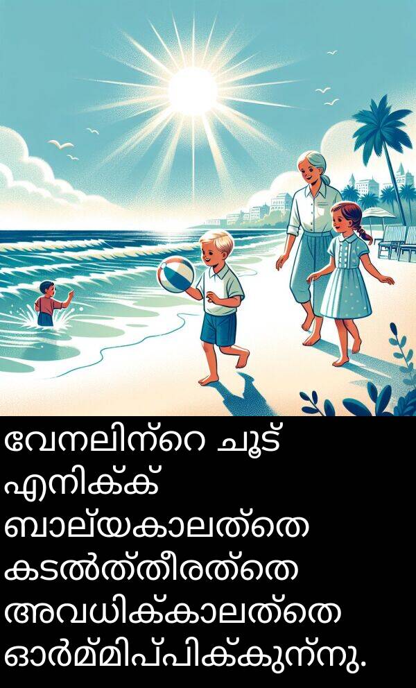 ചൂട്: വേനലിന്റെ ചൂട് എനിക്ക് ബാല്യകാലത്തെ കടൽത്തീരത്തെ അവധിക്കാലത്തെ ഓർമ്മിപ്പിക്കുന്നു.