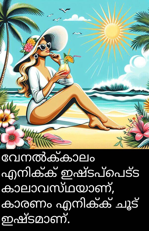 ചൂട്: വേനൽക്കാലം എനിക്ക് ഇഷ്ടപ്പെട്ട കാലാവസ്ഥയാണ്, കാരണം എനിക്ക് ചൂട് ഇഷ്ടമാണ്.