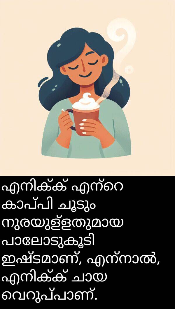 ചൂടും: എനിക്ക് എന്റെ കാപ്പി ചൂടും നുരയുള്ളതുമായ പാലോടുകൂടി ഇഷ്ടമാണ്, എന്നാൽ, എനിക്ക് ചായ വെറുപ്പാണ്.