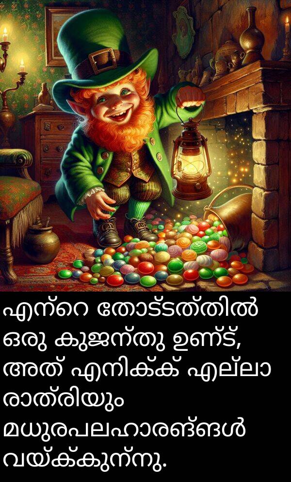 വയ്ക്കുന്നു: എന്റെ തോട്ടത്തിൽ ഒരു കുജന്തു ഉണ്ട്, അത് എനിക്ക് എല്ലാ രാത്രിയും മധുരപലഹാരങ്ങൾ വയ്ക്കുന്നു.