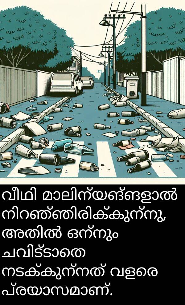 ഒന്നും: വീഥി മാലിന്യങ്ങളാൽ നിറഞ്ഞിരിക്കുന്നു, അതിൽ ഒന്നും ചവിട്ടാതെ നടക്കുന്നത് വളരെ പ്രയാസമാണ്.