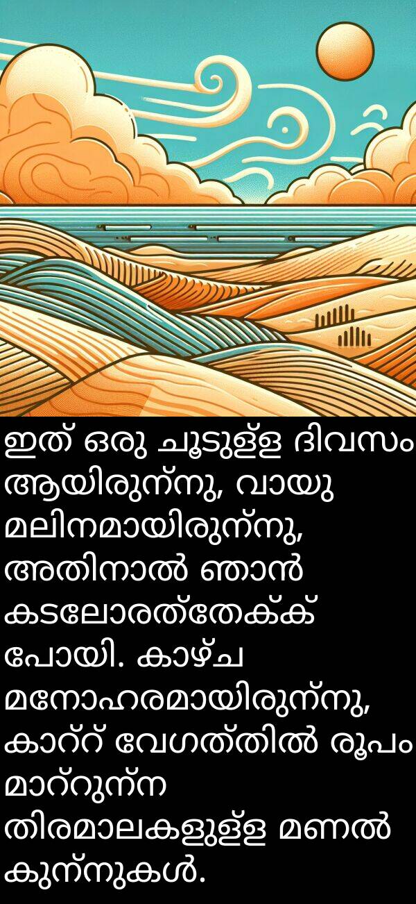 രൂപം: ഇത് ഒരു ചൂടുള്ള ദിവസം ആയിരുന്നു, വായു മലിനമായിരുന്നു, അതിനാൽ ഞാൻ കടലോരത്തേക്ക് പോയി. കാഴ്ച മനോഹരമായിരുന്നു, കാറ്റ് വേഗത്തിൽ രൂപം മാറ്റുന്ന തിരമാലകളുള്ള മണൽ കുന്നുകൾ.