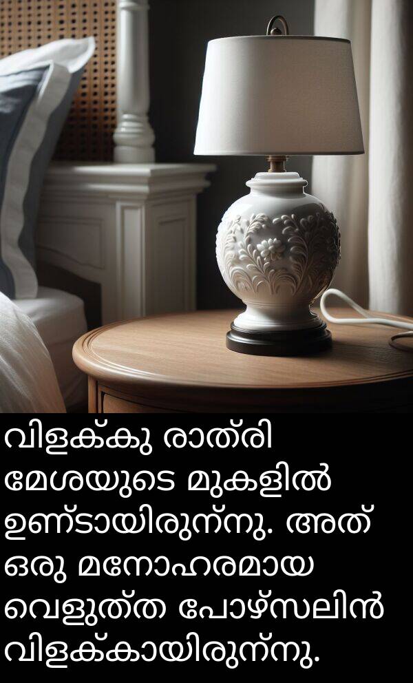 വെളുത്ത: വിളക്കു രാത്രി മേശയുടെ മുകളിൽ ഉണ്ടായിരുന്നു. അത് ഒരു മനോഹരമായ വെളുത്ത പോഴ്‌സലിൻ വിളക്കായിരുന്നു.