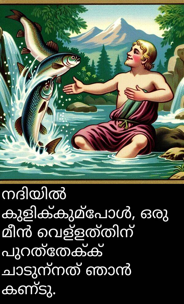 കണ്ടു: നദിയിൽ കുളിക്കുമ്പോൾ, ഒരു മീൻ വെള്ളത്തിന് പുറത്തേക്ക് ചാടുന്നത് ഞാൻ കണ്ടു.
