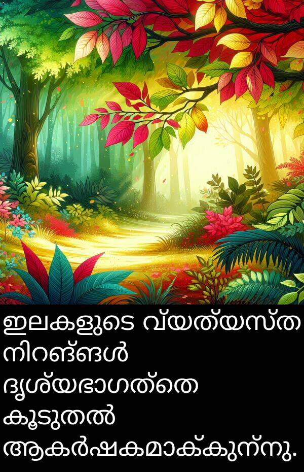 വ്യത്യസ്ത: ഇലകളുടെ വ്യത്യസ്ത നിറങ്ങൾ ദൃശ്യഭാഗത്തെ കൂടുതൽ ആകർഷകമാക്കുന്നു.