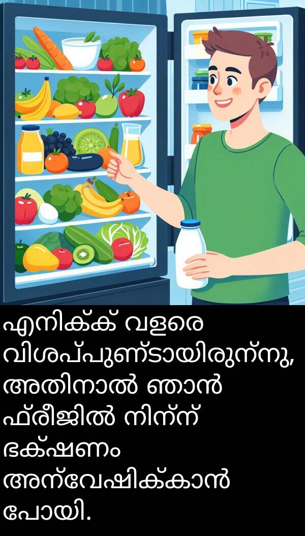 ഭക്ഷണം: എനിക്ക് വളരെ വിശപ്പുണ്ടായിരുന്നു, അതിനാൽ ഞാൻ ഫ്രീജിൽ നിന്ന് ഭക്ഷണം അന്വേഷിക്കാൻ പോയി.