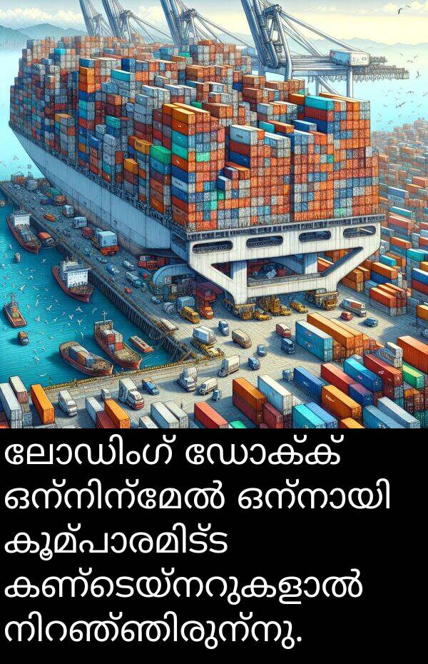 ഡോക്ക്: ലോഡിംഗ് ഡോക്ക് ഒന്നിന്മേൽ ഒന്നായി കൂമ്പാരമിട്ട കണ്ടെയ്നറുകളാൽ നിറഞ്ഞിരുന്നു.