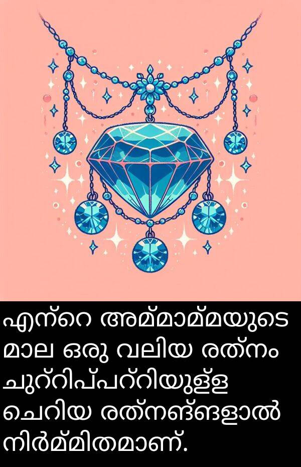 രത്നം: എന്റെ അമ്മാമ്മയുടെ മാല ഒരു വലിയ രത്നം ചുറ്റിപ്പറ്റിയുള്ള ചെറിയ രത്നങ്ങളാൽ നിർമ്മിതമാണ്.