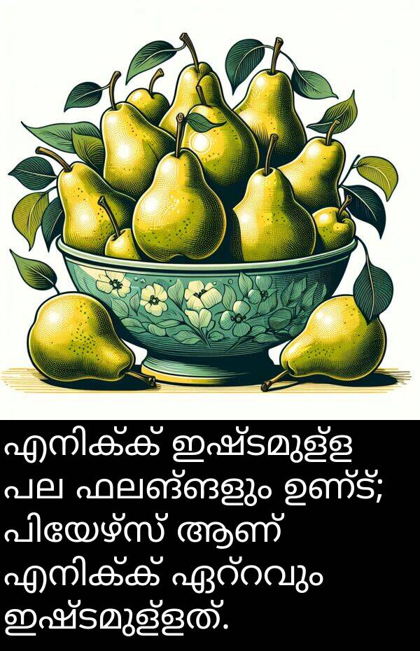 ഫലങ്ങളും: എനിക്ക് ഇഷ്ടമുള്ള പല ഫലങ്ങളും ഉണ്ട്; പിയേഴ്സ് ആണ് എനിക്ക് ഏറ്റവും ഇഷ്ടമുള്ളത്.