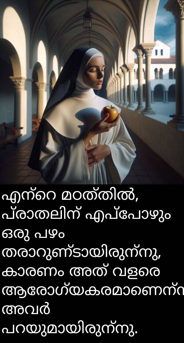 പഴം: എന്റെ മഠത്തിൽ, പ്രാതലിന് എപ്പോഴും ഒരു പഴം തരാറുണ്ടായിരുന്നു, കാരണം അത് വളരെ ആരോഗ്യകരമാണെന്ന് അവർ പറയുമായിരുന്നു.