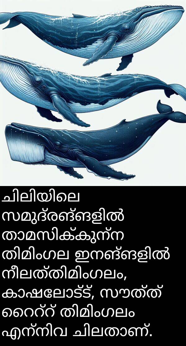 സൗത്ത്: ചിലിയിലെ സമുദ്രങ്ങളിൽ താമസിക്കുന്ന തിമിംഗല ഇനങ്ങളിൽ നീലത്തിമിംഗലം, കാഷലോട്ട്, സൗത്ത് റൈറ്റ് തിമിംഗലം എന്നിവ ചിലതാണ്.