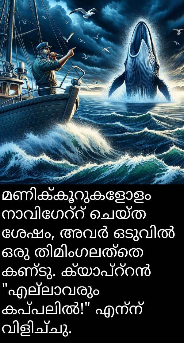 ചെയ്ത: മണിക്കൂറുകളോളം നാവിഗേറ്റ് ചെയ്ത ശേഷം, അവർ ഒടുവിൽ ഒരു തിമിംഗലത്തെ കണ്ടു. ക്യാപ്റ്റൻ "എല്ലാവരും കപ്പലിൽ!" എന്ന് വിളിച്ചു.
