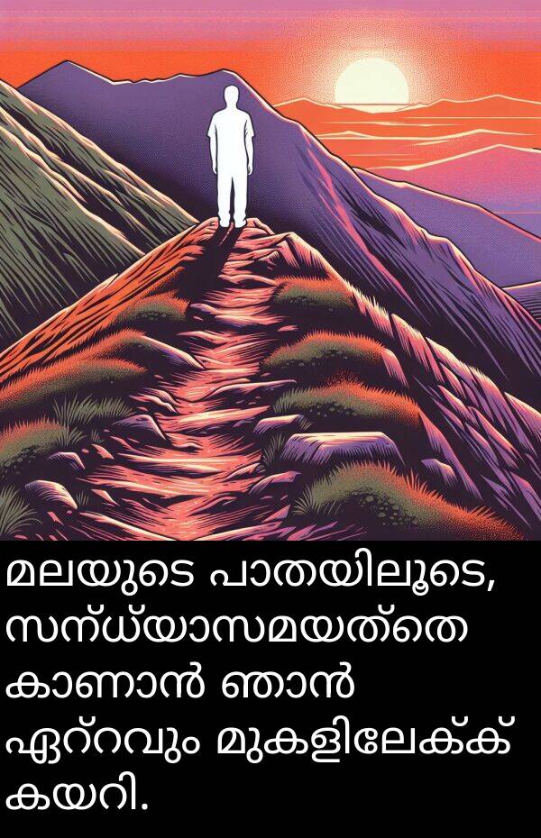 മലയുടെ: മലയുടെ പാതയിലൂടെ, സന്ധ്യാസമയത്തെ കാണാൻ ഞാൻ ഏറ്റവും മുകളിലേക്ക് കയറി.