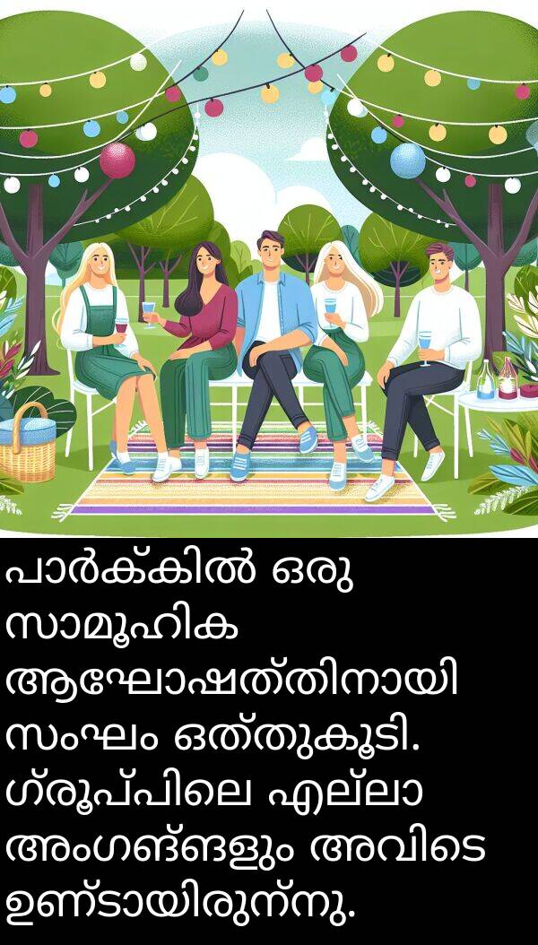 സംഘം: പാർക്കിൽ ഒരു സാമൂഹിക ആഘോഷത്തിനായി സംഘം ഒത്തുകൂടി. ഗ്രൂപ്പിലെ എല്ലാ അംഗങ്ങളും അവിടെ ഉണ്ടായിരുന്നു.