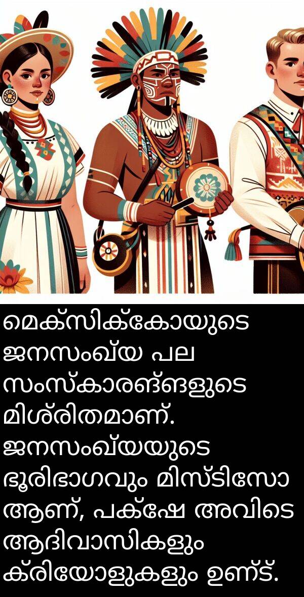 ജനസംഖ്യ: മെക്സിക്കോയുടെ ജനസംഖ്യ പല സംസ്കാരങ്ങളുടെ മിശ്രിതമാണ്. ജനസംഖ്യയുടെ ഭൂരിഭാഗവും മിസ്ടിസോ ആണ്, പക്ഷേ അവിടെ ആദിവാസികളും ക്രിയോളുകളും ഉണ്ട്.