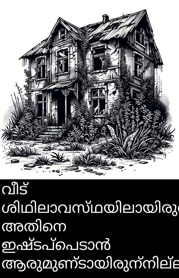 വീട്: വീട് ശിഥിലാവസ്ഥയിലായിരുന്നു. അതിനെ ഇഷ്ടപ്പെടാൻ ആരുമുണ്ടായിരുന്നില്ല.