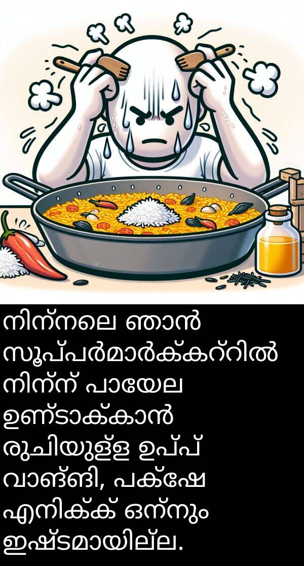 ഒന്നും: നിന്നലെ ഞാൻ സൂപ്പർമാർക്കറ്റിൽ നിന്ന് പായേല ഉണ്ടാക്കാൻ രുചിയുള്ള ഉപ്പ് വാങ്ങി, പക്ഷേ എനിക്ക് ഒന്നും ഇഷ്ടമായില്ല.