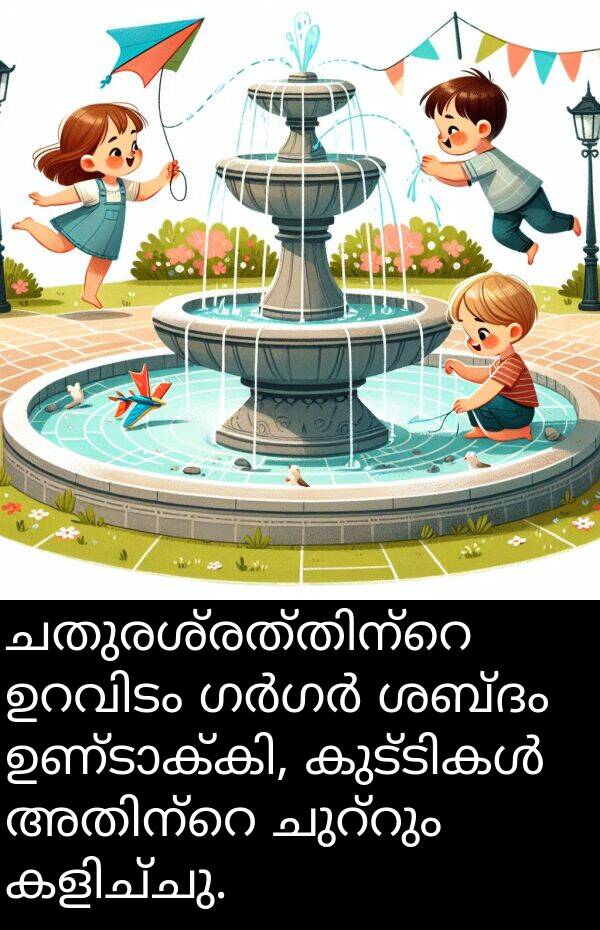 ശബ്ദം: ചതുരശ്രത്തിന്റെ ഉറവിടം ഗർഗർ ശബ്ദം ഉണ്ടാക്കി, കുട്ടികൾ അതിന്റെ ചുറ്റും കളിച്ചു.
