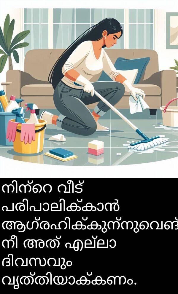 വീട്: നിന്റെ വീട് പരിപാലിക്കാൻ ആഗ്രഹിക്കുന്നുവെങ്കിൽ, നീ അത് എല്ലാ ദിവസവും വൃത്തിയാക്കണം.