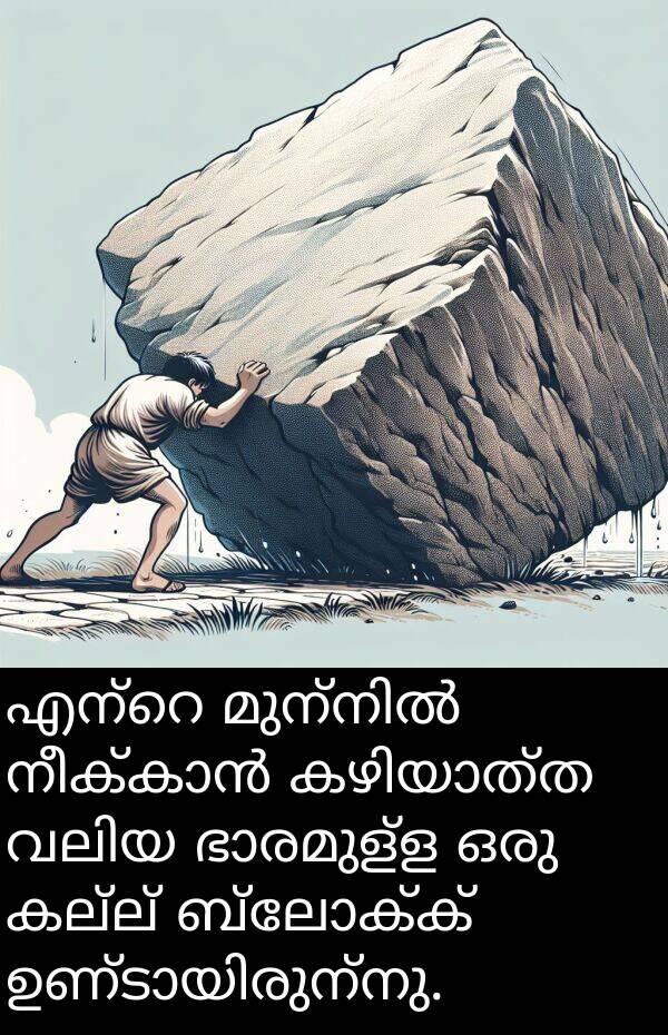 കല്ല്: എന്റെ മുന്നിൽ നീക്കാൻ കഴിയാത്ത വലിയ ഭാരമുള്ള ഒരു കല്ല് ബ്ലോക്ക് ഉണ്ടായിരുന്നു.