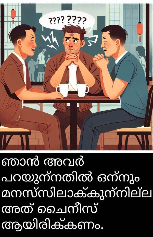ചൈനീസ്: ഞാൻ അവർ പറയുന്നതിൽ ഒന്നും മനസ്സിലാക്കുന്നില്ല, അത് ചൈനീസ് ആയിരിക്കണം.