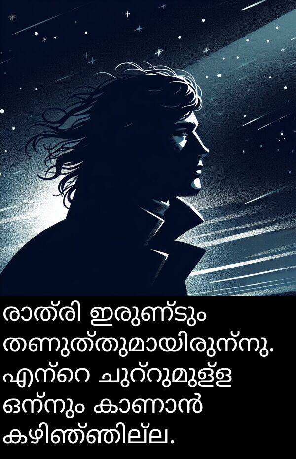 ഒന്നും: രാത്രി ഇരുണ്ടും തണുത്തുമായിരുന്നു. എന്റെ ചുറ്റുമുള്ള ഒന്നും കാണാൻ കഴിഞ്ഞില്ല.