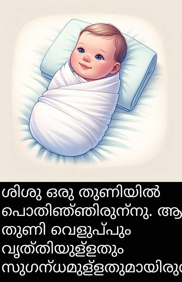വെളുപ്പും: ശിശു ഒരു തുണിയിൽ പൊതിഞ്ഞിരുന്നു. ആ തുണി വെളുപ്പും വൃത്തിയുള്ളതും സുഗന്ധമുള്ളതുമായിരുന്നു.